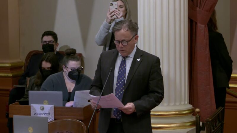 Senator Josh Newman is giving a speech in the Senate
